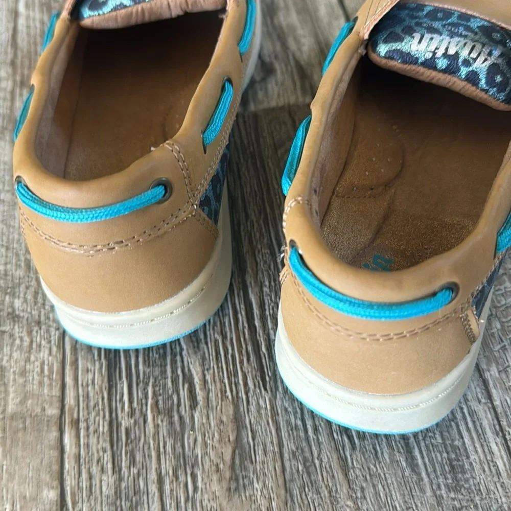 AUSTIN TRADING Company BOAT SHOES Slip On Tan TEAL LEOPARD Girls Size 5D